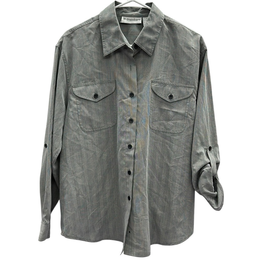 Dressbarn Gray Glen Check Plaid Button Up Double Pocket Shirt Blouse Top Large